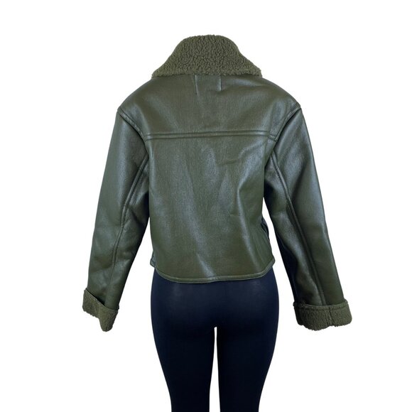 New Look Women's Olive Faux Leather Sherpa-Lined Jacket Warm Size L - New - Picture 3 of 9